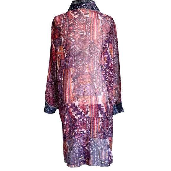 Adore Women’s Artsy Western Boho Patterned Sheer Extra‎ Long Button Down Shirt L - Picture 2 of 7